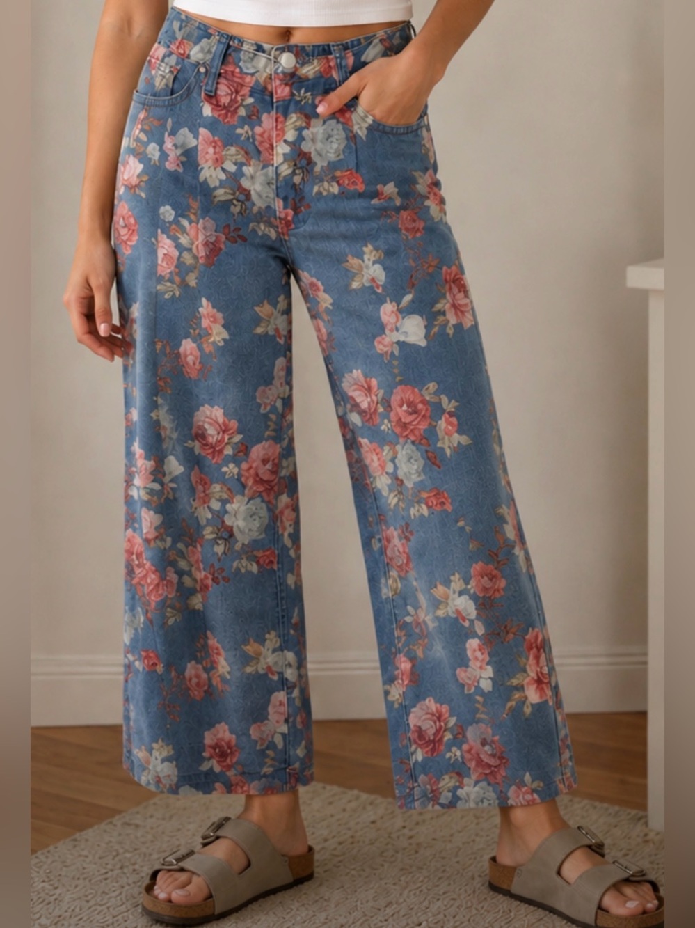 Cropped Wide Leg Jeans Baggy Floral Ankle Pants Medium (8-10)